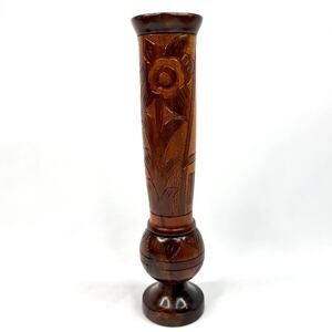 Carved Wooden Tall Skinny Bud Vase